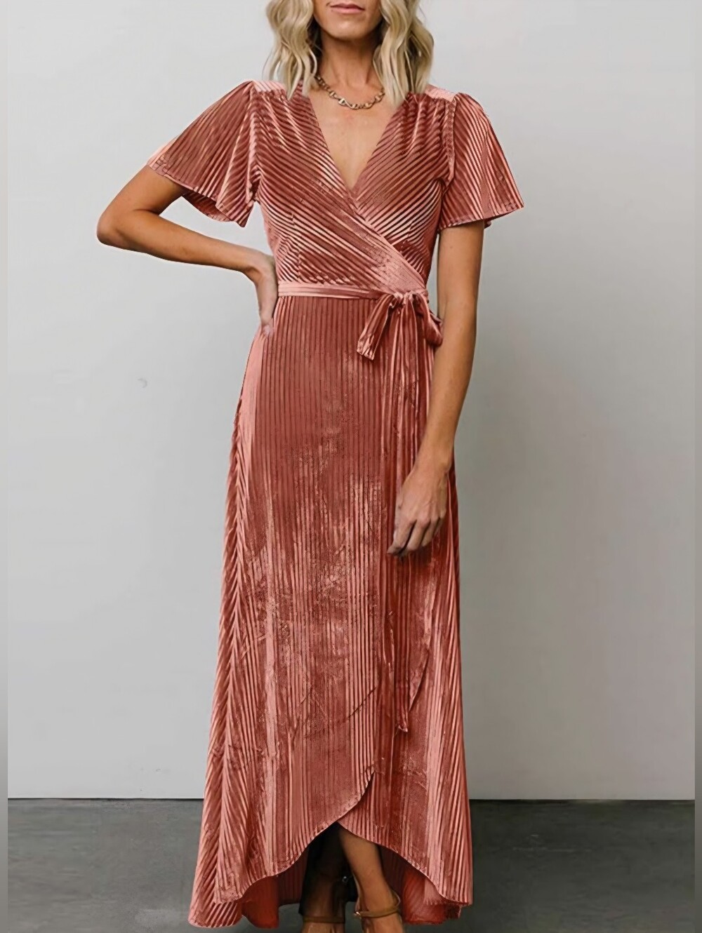 Simplee Rose Ribbed Velvet Wrap Maxi Dress